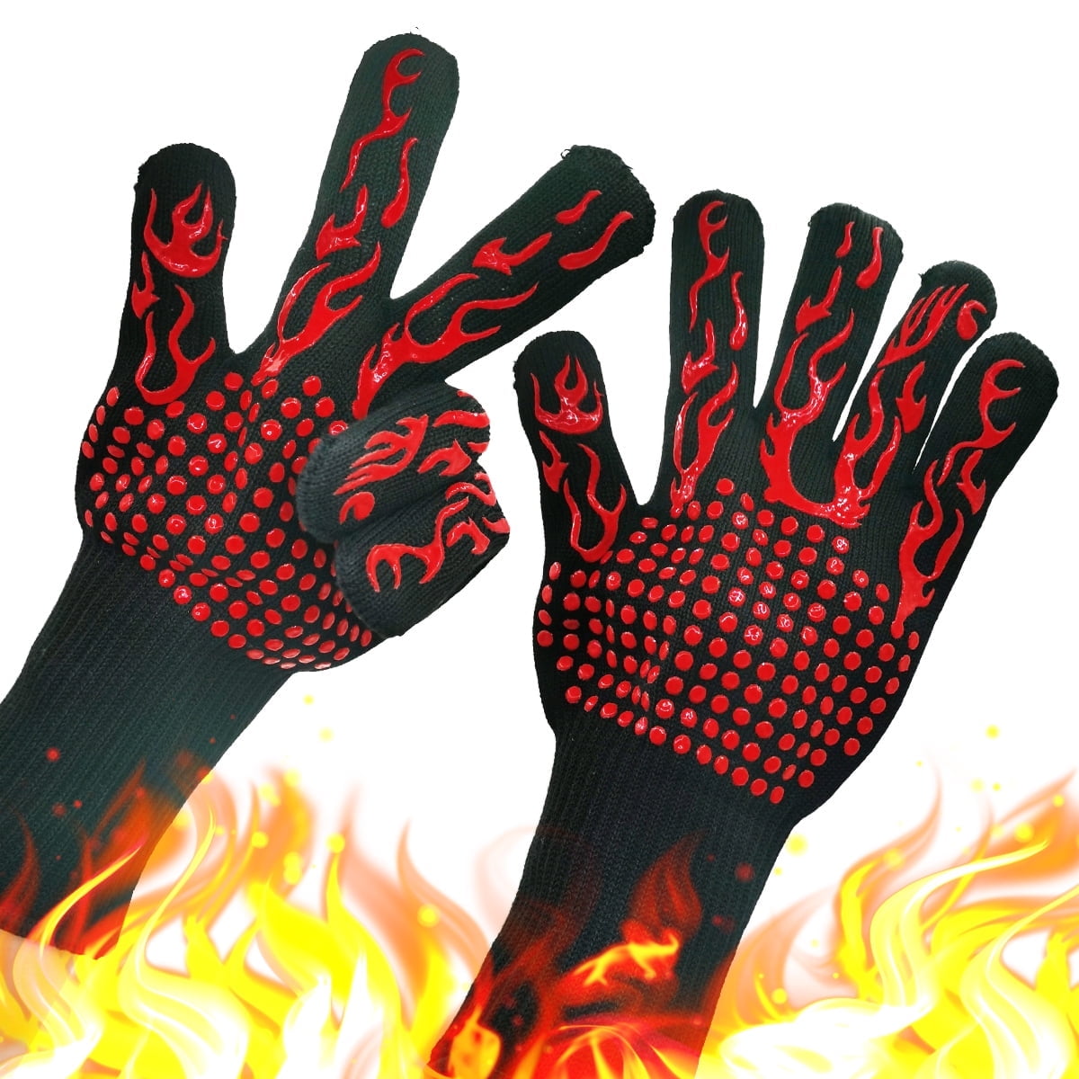 Somnr 1472 Heat Resistant BBQ Gloves, Food Grade Kitchen Oven Mitts - Oven Gloves with Cut Resistant, Silicone Non-Slip Cooking Hot Glove (1 Pair)(Flame red)