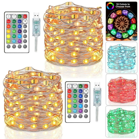 QiShi 16 Multi Color Changing Fairy Lights USB Powered with Remote Control, 33ft 100 RGB LED Bright Silver Wire Starry String Lights-2PACK