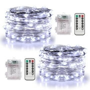 QiShi 2 Set Fairy Lights Battery Operated Christmas String Lights with Remote Timer for 8 Modes Twinkle Lights 66 feet 200 LED Firefly Lights -Cool White