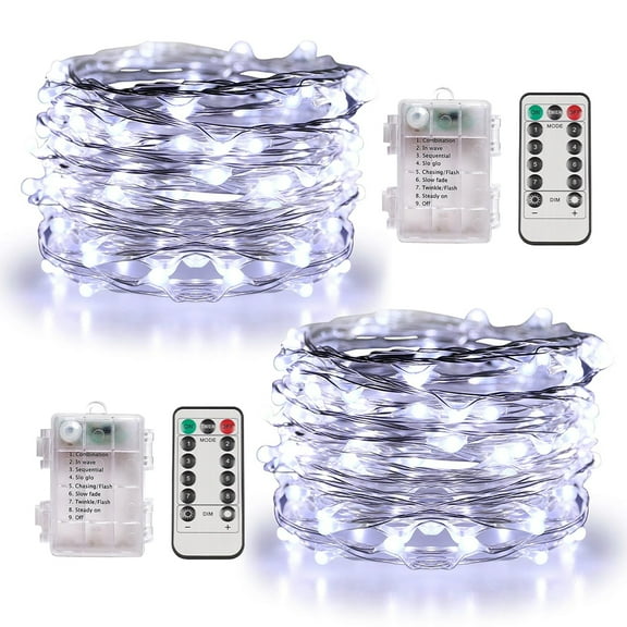 Somnr 2 Set Fairy Lights Battery Operated Christmas String Lights with Remote Timer for 8 Modes Twinkle Lights 66 feet 200 LED Firefly Lights -Cool White