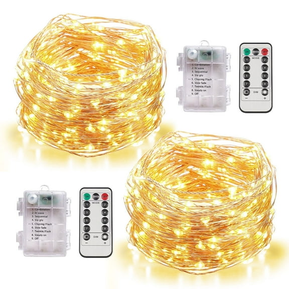 Somnr 2 Set Fairy Lights Battery Operated Christmas String Lights with Remote Timer for 8 Modes Twinkle Lights 66 feet 200 LED Firefly Lights -Warm White