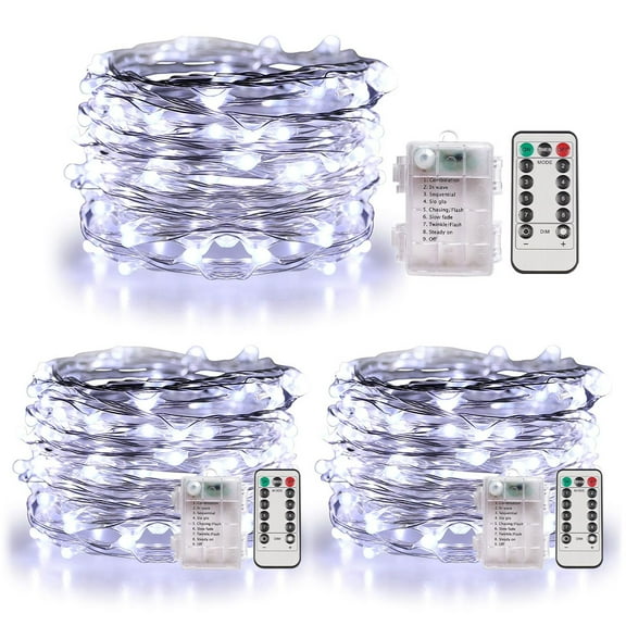 Somnr 3 Set Fairy Lights Battery Operated Christmas String Lights with Remote Timer for 8 Modes Twinkle Lights 66 feet 200 LED Firefly Lights -Cool White