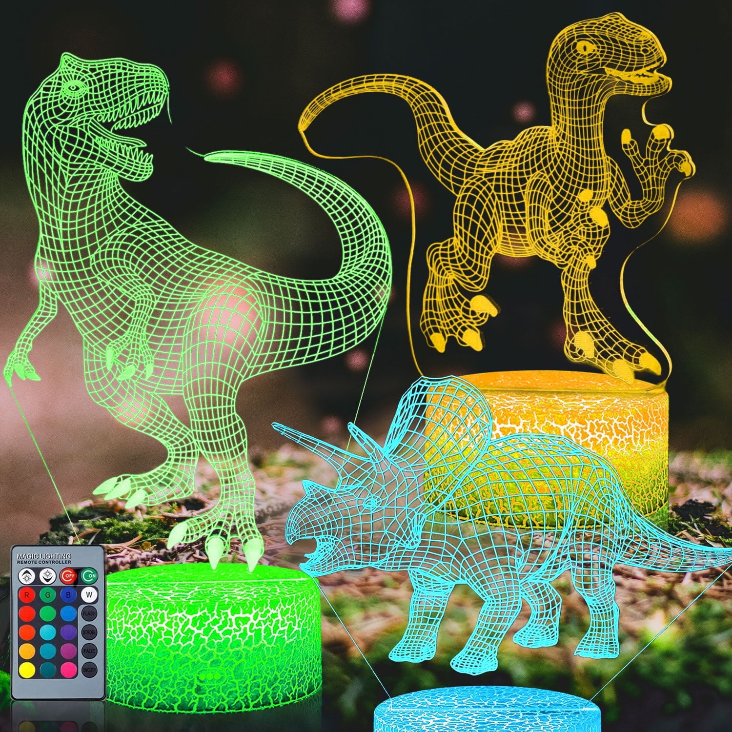 QiShi 3D Dinosaur Night Light for Kids, 7+16 Colors, Dimmable TRex