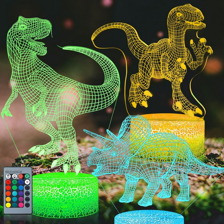 QiShi 3D Dinosaur Night Light for Kids, 7+16 Colors, Dimmable TRex