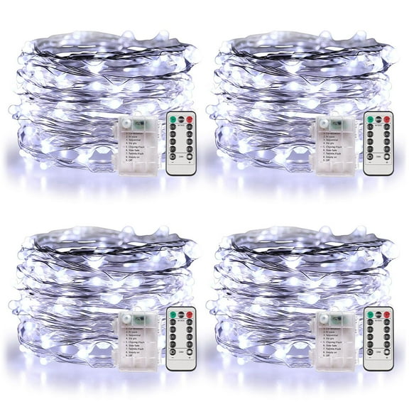 Somnr 4 Set Fairy Lights Battery Operated Christmas String Lights with Remote Timer for 8 Modes Twinkle Lights 66 feet 200 LED Firefly Lights -Cool White