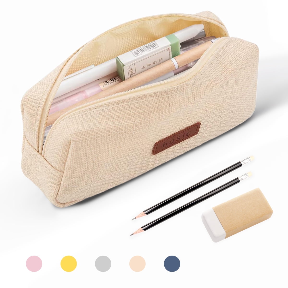 High Capacity Canvas Pen Case Pouch for Kids & Teens, Beige