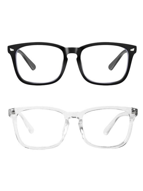 Blue Light Blocking Glasses, Anti Eye Strain Headache (Sleep Better),Computer Reading Glasses UV400 Transparent Lens - Black + Transparent 2 Pack