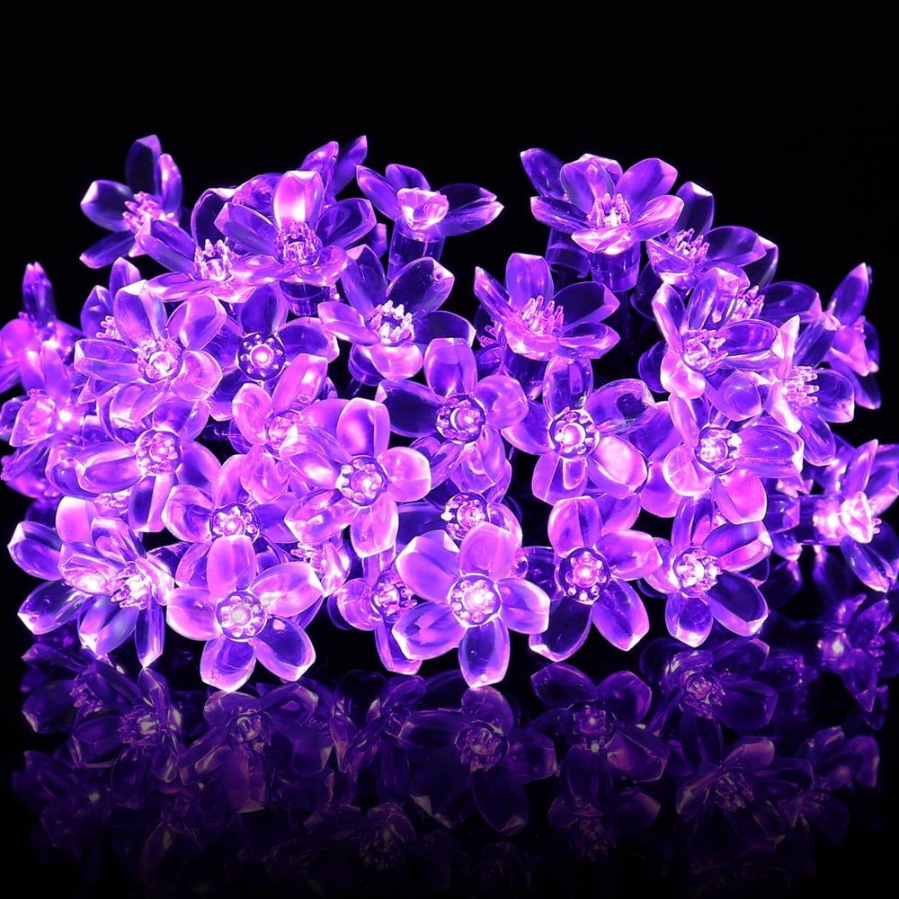 QISHI Christmas Solar Lights, 22.96ft 50 LED Purple Blossom Fairy String Lights, Indoor Outdoor Patio Garden Decorations