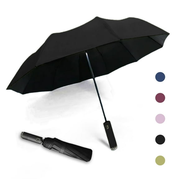 QiShi Folding and Portable Sun & Rain Umbrella (Black), Automatic LED Lighting Umbrella with 10-Bone, Travel Umbrella with 180 Degree Rotating Handle with Flashlight