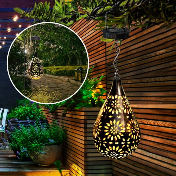 QiShi Hanging Solar Lantern Garden Outdoor, Boho Decorative Metal Decor Flower Waterproof for Pathway Patio Yard