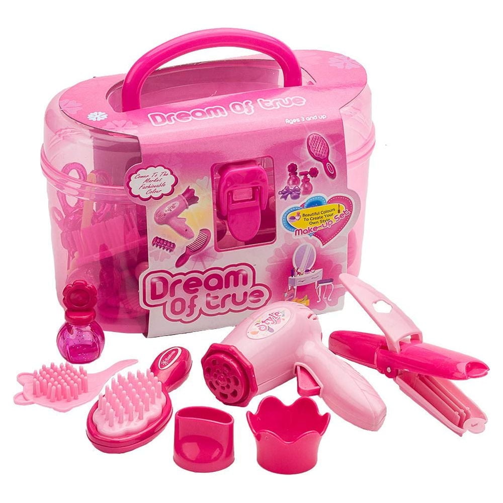 SF QiShi Kids Beauty Salon Set Toys Little Girl Makeup Kit Pretend Play Hair Station with Case, Hairdryer, Brush, Mirror & Styling(17pcs)