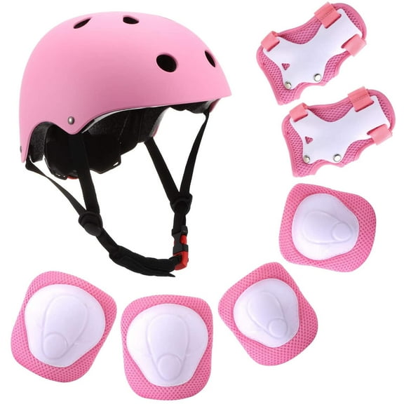 QiShi Kids Bike Helmet, Toddler Helmet for Ages 3-8 Boys Girls with Sports Protective Gear Set Knee Elbow Wrist Pads for Skateboard Cycling Scooter Rollerblading-Pink