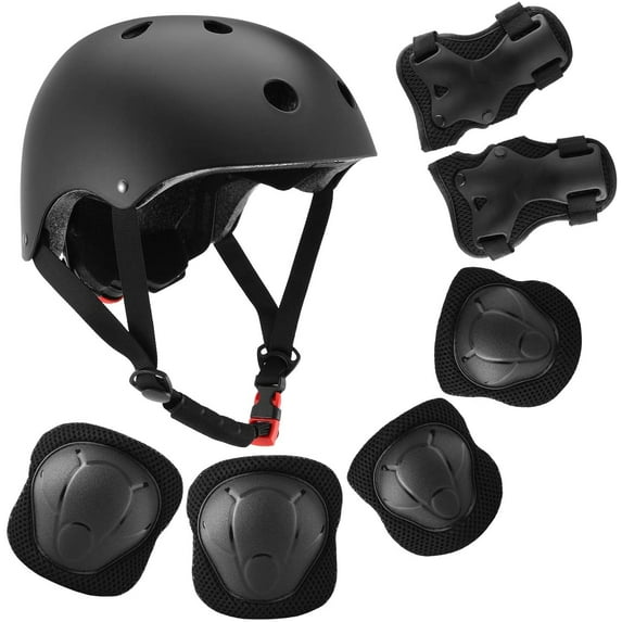 QiShi Kids Bike Helmet, Toddler Helmet for Ages 8-14 Boys Girls with Sports Protective Gear Set Knee Elbow Wrist Pads for Skateboard Cycling Scooter Rollerblading-Black