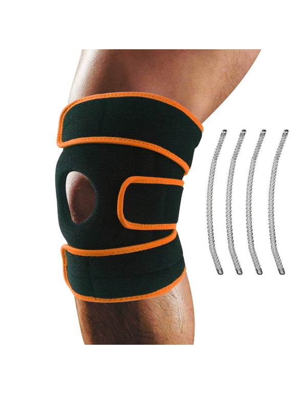 Knee Brace Support - Relieves ACL, LCL, MCL, Meniscus Tear, Arthritis, Tendonitis Pain. Open Patella Dual Stabilizers Non Slip Comfort Neoprene. Adjustable Bi-Directional Straps (Orange)