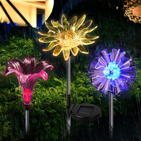 QiShi LED Color Changing Solar Stake Lights Outdoor - Garden Figurines [Set of 3] (Dandelion & Lily & Sunflower) - LED Garden Lights Garden Decor - Yard Lights Solar Landscape Dandelion's