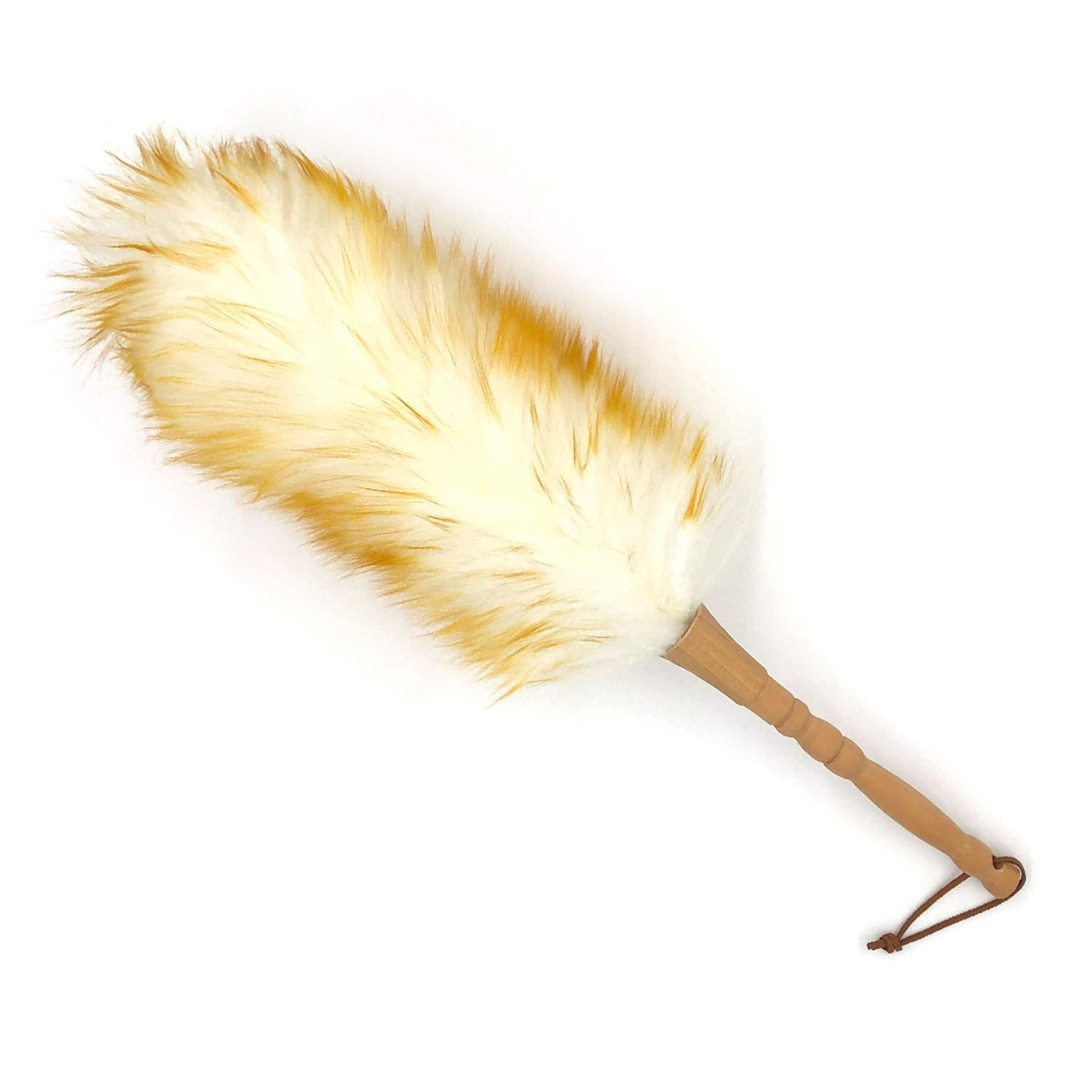 QiShi Lambs Wool Duster with Solid Wooden Handle Flexible Head Leather Hang Strap,18.9 inchs Long,Comfortable Grip Natural Feather Duster for Cleaning Screen,Funiture,Ceiling Fans,Blinds etc