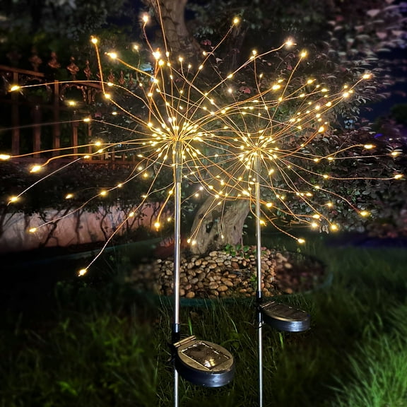 QiShi Outdoor Solar Garden Lights 120 LED Solar Powered Decorative Stake Landscape Light DIY Flowers Fireworks starburst 2 Pack（Warm White）