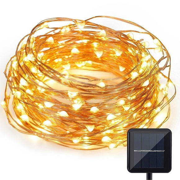 QiShi Rope String Lights Outdoor Decoration Lights, 33ft 100 LED Waterproof Fairy Copper Wire Solar String Lights for Indoor Outdoor Patio, Lawn, Garden (Warm white)