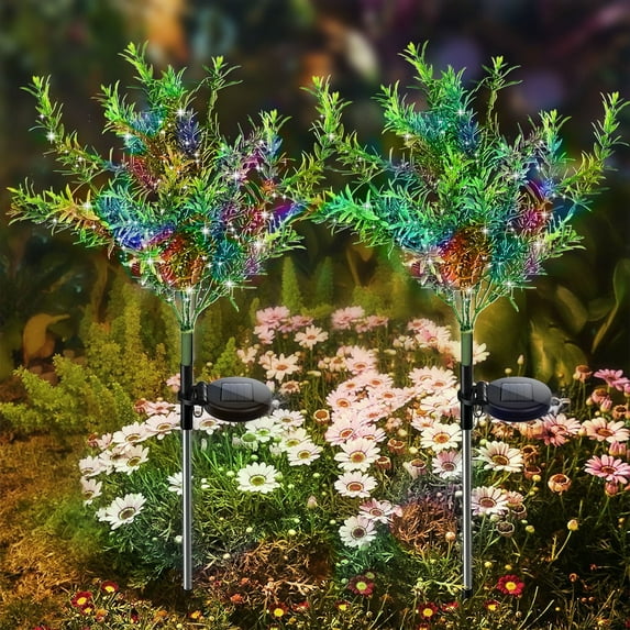 QiShi Solar Garden Lights Tree Outdoor Multi-Color Changing LED Stake Lights Flower for Garden, Patio, Yard and Decoration Solar Flickering Tree Lights (Tree,2 Pack)