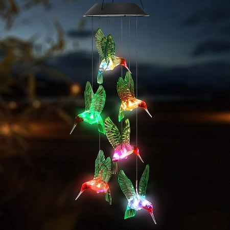QiShi Solar Hummingbird Wind Chime Color Changing Solar LED String Lights Outdoor Mobile Hanging Patio Light