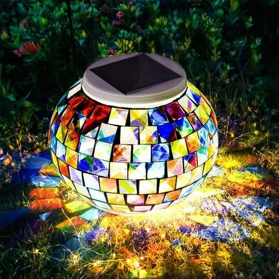 QiShi Solar Powered Mosaic Glass Ball Garden Lights,Color Changing Solar Night Lights, Waterproof Rechargeable Solar Table Lights for Indoor or Outdoor Decorations
