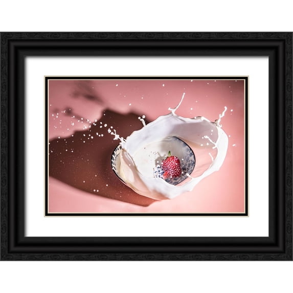 Qian Guo, Grace 18x13 Black Ornate Wood Framed with Double Matting Museum Art Print Titled - Strawberry fall into the milk trap