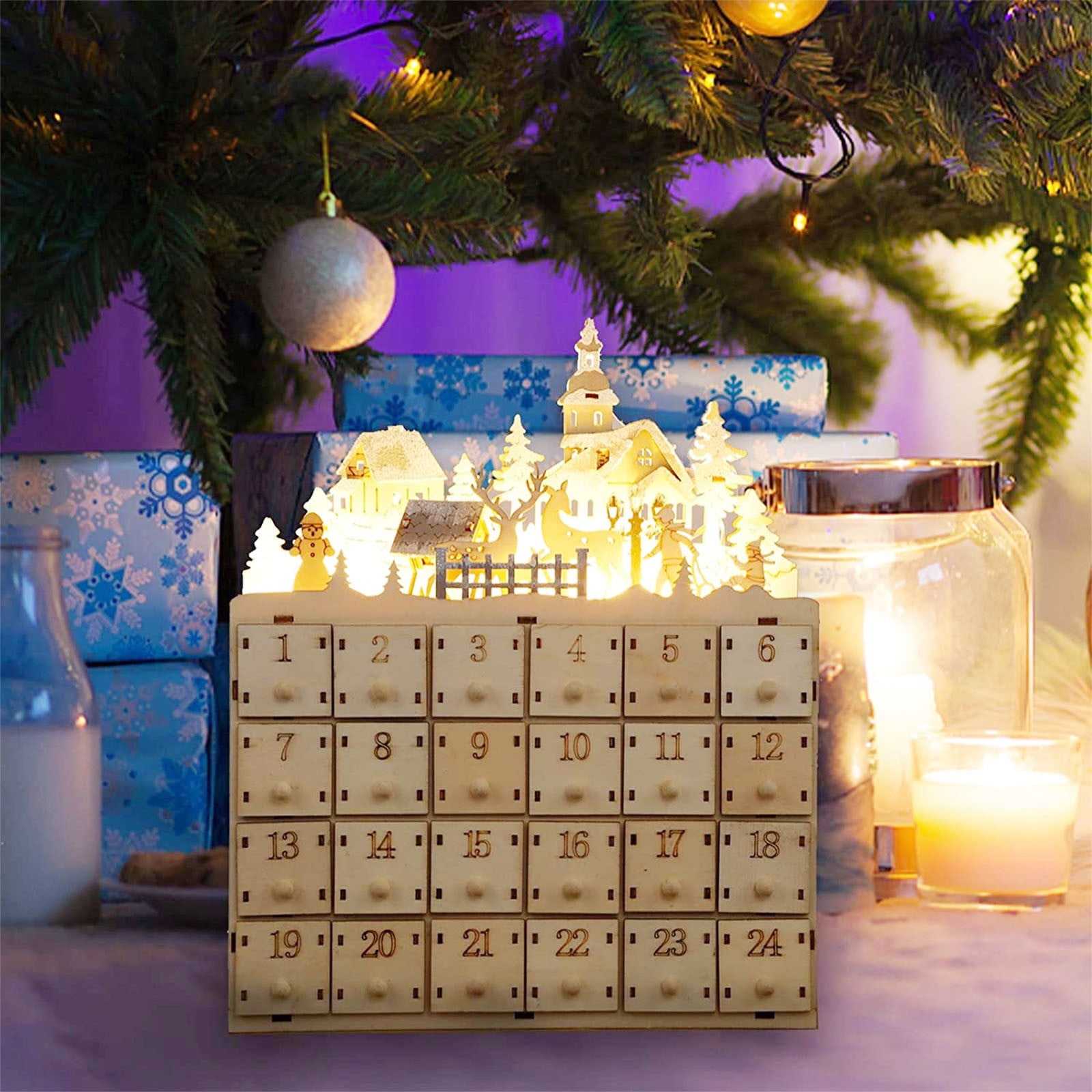 QianChong 2025 Christmas Led Wooden Advent Calendar with 24 Drawers 24