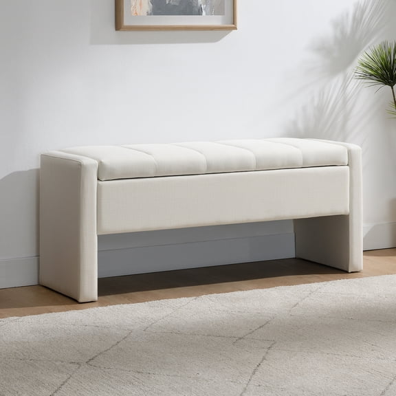 QianYueLUX 47.25'' Ottoman with Storage, End of Bed Storage Bench, Entryway Bench - Linen Upholstered Multi-Functional Footrest for Bedroom, Living Room, Dorm & Window Bench (White)