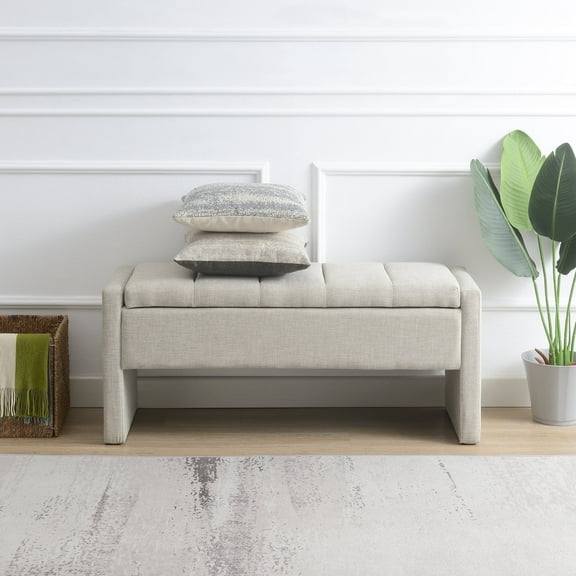 QianYueLUX 47.25'' Ottoman with Storage, End of Bed Storage Bench, Entryway Bench - Linen Upholstered Multi-Functional Footrest for Bedroom, Living Room, Dorm & window bench (Light Grey)