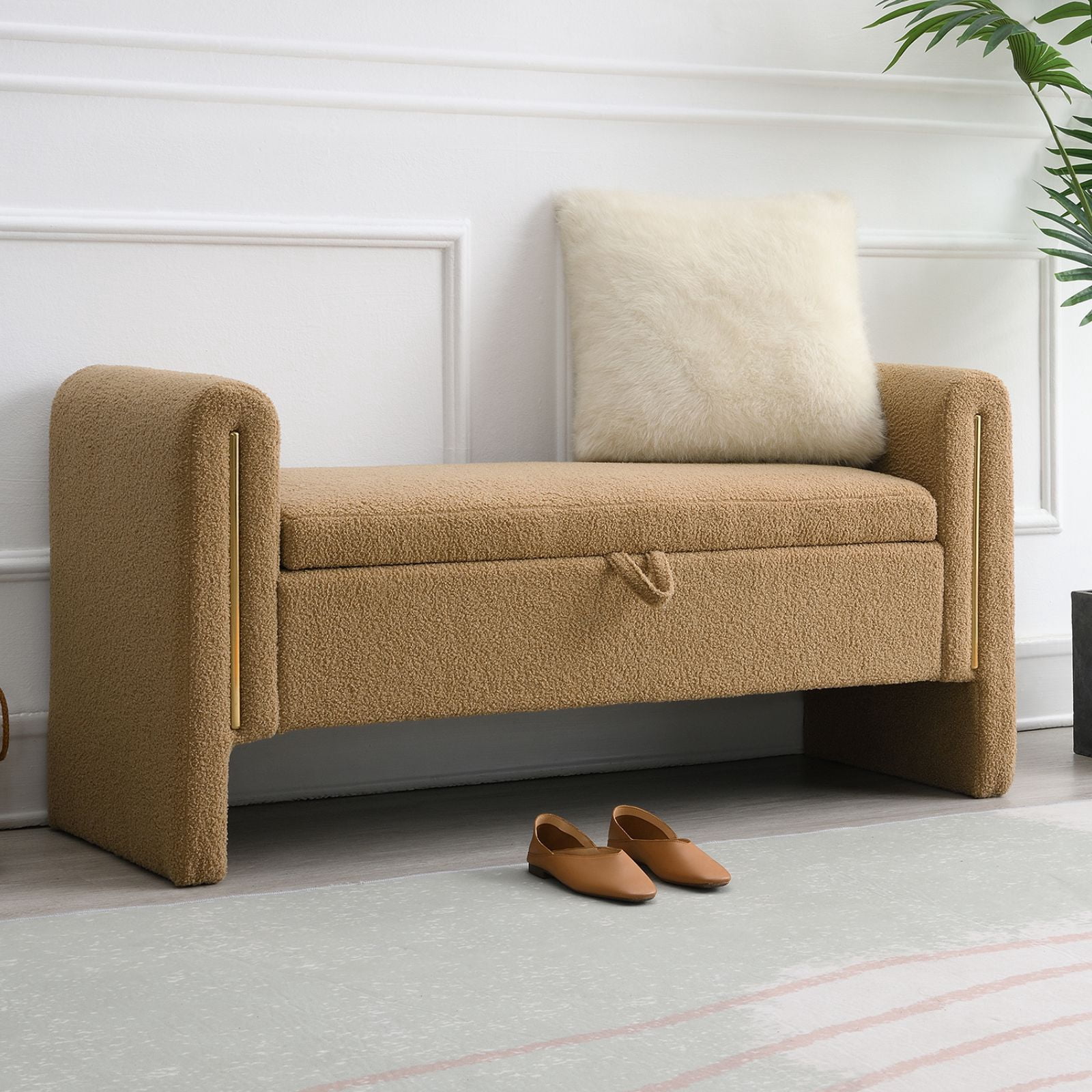 QianYueLUX 52" Storage Ottoman Bench with Armrests, Brown Teddy Fabric, 250lbs Capacity, Multi-Functional Footrest for Bedroom & Entryway