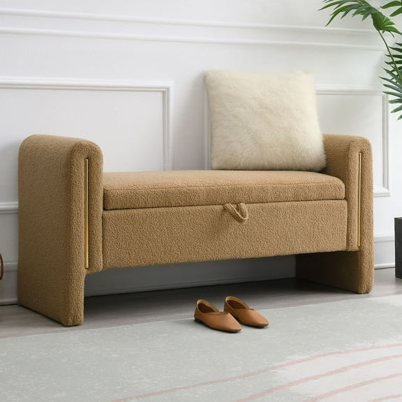 QianYueLUX 52" Storage Ottoman Bench with Armrests, Brown Teddy Fabric, 250lbs Capacity, Multi-Functional Footrest for Bedroom & Entryway
