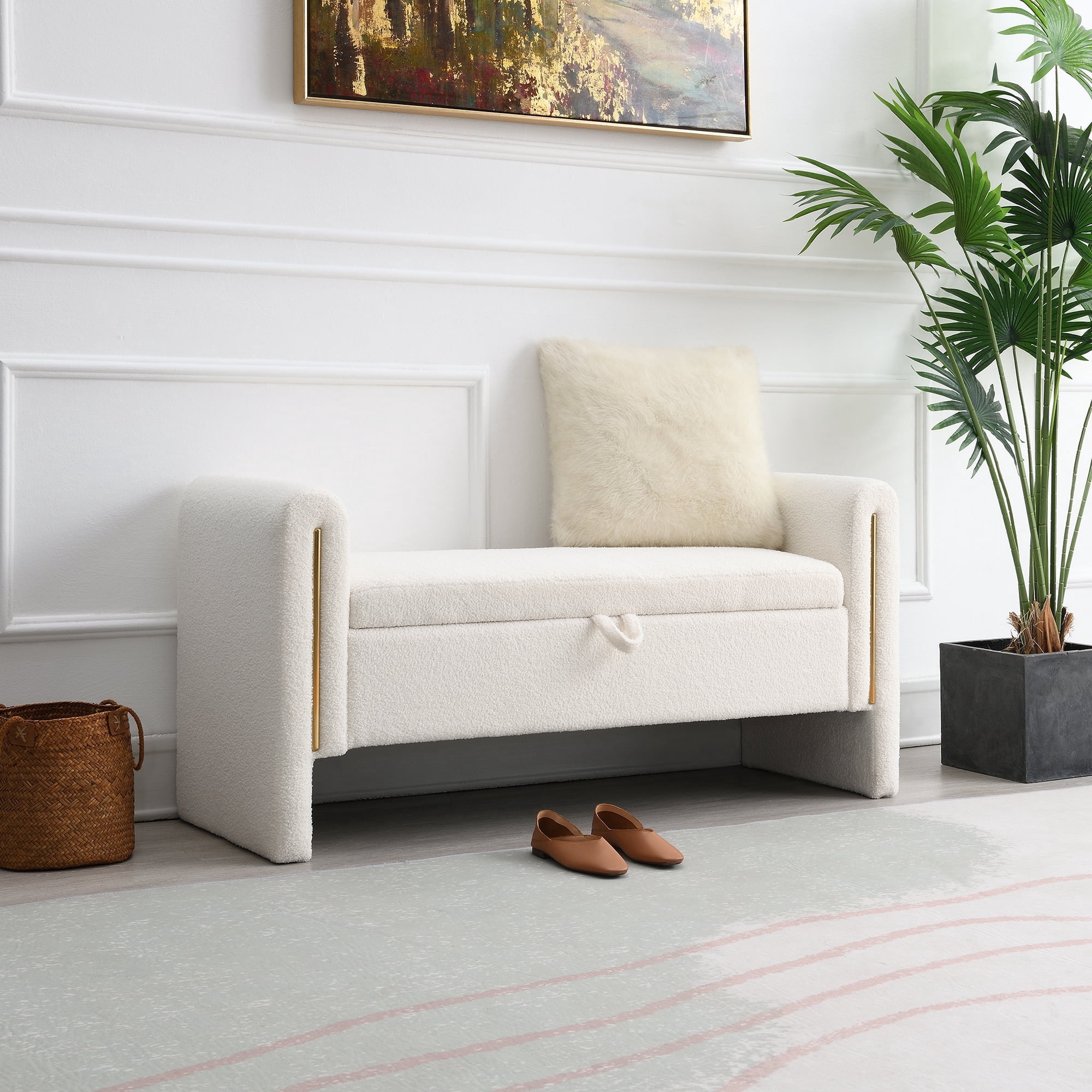 QianYueLUX 52" Storage Ottoman Bench with Armrests, White Teddy Fabric, 250lbs Capacity, Multi-Functional Footrest for Bedroom & Entryway