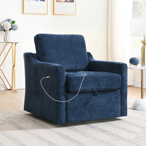 QianYueLUX Swivel Accent Chair, 360° Swivel Comfy Upholstered Seat for Living Room, Bedroom, Office with Hidden Storage & Dual USB-C Ports, Chenille Fabric, 300lbs Capacity, Navy Blue