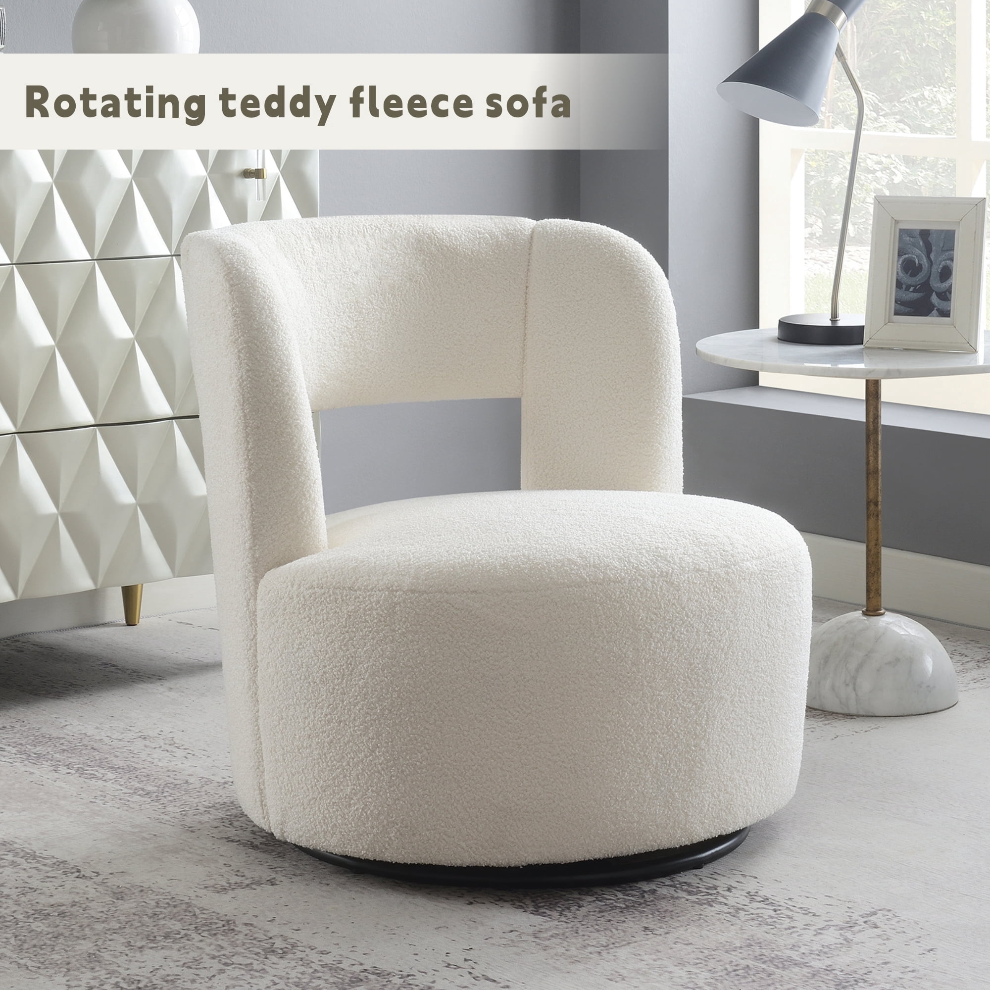 QianYueLUX Swivel Accent Chair, Small Single Sofa, Round Chair - 360° Swivel Barrel Chair with Soft Teddy Fabric, Cozy Upholstered Chair for Living Room, Bedroom, Makeup Vanity & Waiting Room (White)