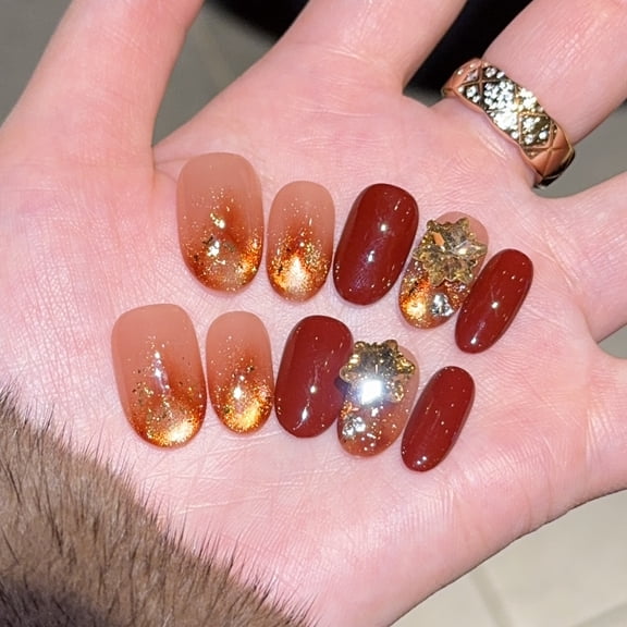 Qianfan [Caramel Night lamp] Star zirconium smudged cat's eye pure hand-worn nail short nail patch fake nail