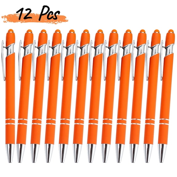 Qianfeng 12 Pcs Orange Ballpoint Pens with Stylus Tip 2 in 1 Metal Pens, 1.0 mm Point, Black Ink