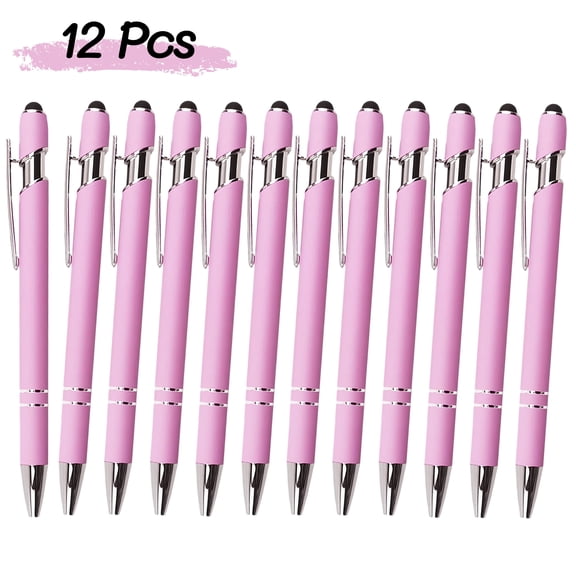 Qianfeng 12 Pcs Pink Pens with Stylus Tip, Black Ink, 1.0 mm Point Metal Pen for Touch Screens