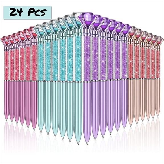 Qianfeng 24 Pcs Ballpoint Pens Diamond Pen, Blue Ink, 4 Colors, Office Desk Supplies Wedding Favor