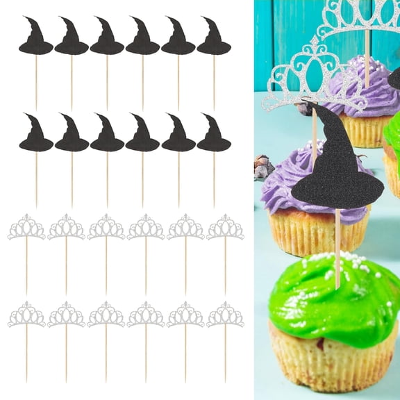 Qianfeng 24 Pcs Cupcake Toppers, Birthday Party Supplies, Witch Hats and Princess Crowns