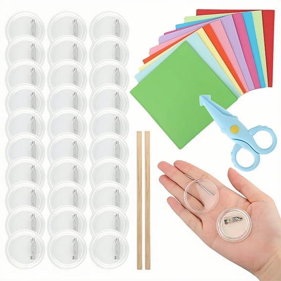Qianfeng 30 Pcs 1.5inch / 38mm Plastic Blank Transparent Badges, DIY Acrylic Badge Kit, Round Button Maker Supplies Includes Colored Paper, Scissors and Pencils