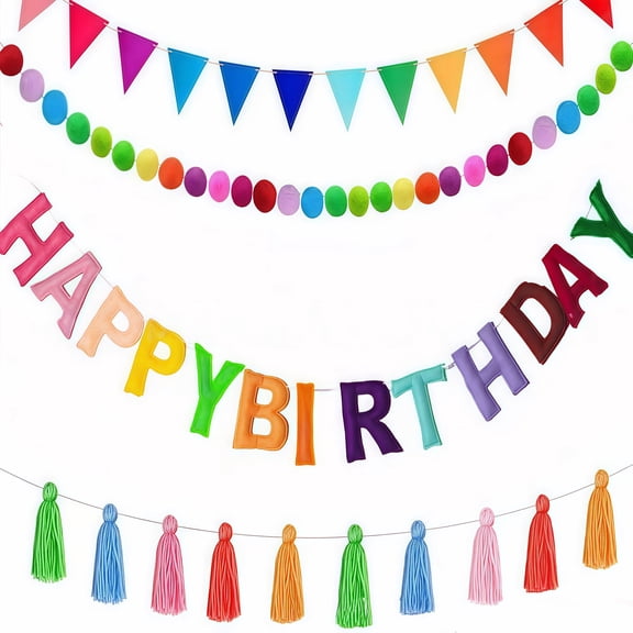 Qianfeng 4 Pcs Pre-Strung Happy Birthday Banner - Felt Happy Birthday Garland, Ball Garland, Felt Pennant Flag, Colorful Thread Tassel Rainbow Party Decorations for Women Men Kids