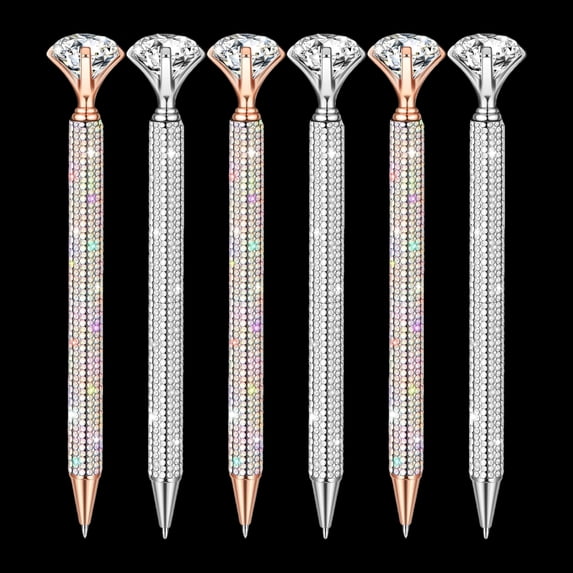 Qianfeng 6 Pcs Glitter Pens with Rhinestone for Wedding Favors, Black Ink Ballpoint Pen 1.0mm Point