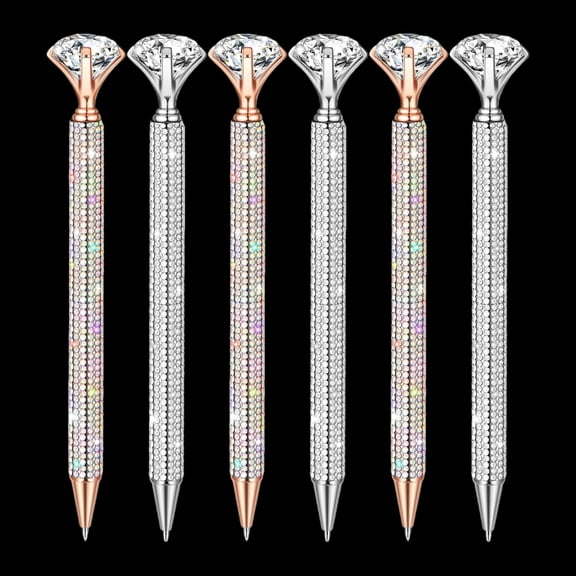 Qianfeng 6 Pcs Glitter Pens with Rhinestone for Wedding Favors, Black Ink Ballpoint Pen 1.0mm Point