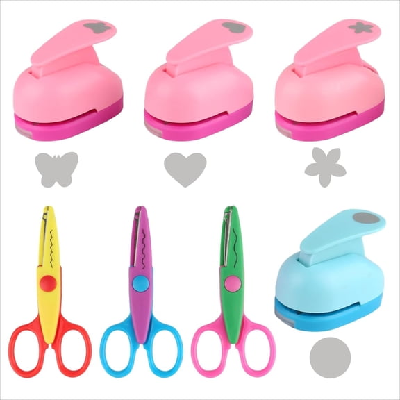 Qianfeng 7 Pcs Paper Scissors Embossing Punch Set with Heart, Circle, Butterfly, and Floral Designs DIY Scrapbooking Album Tools