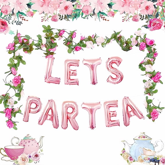 Qianfeng Birthday Tea Party Decoration Kits, "LETS PAR TEA" Balloons and 2 Artificial Rose Vines