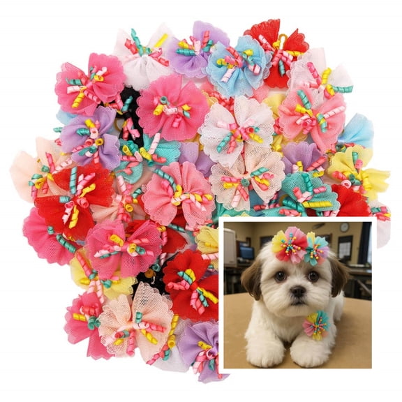 Qianfeng Dog Hair Bows with Rubber Bands for Pet Cat Dog, 32 Pcs, Multicolored Pet Hair Accessories