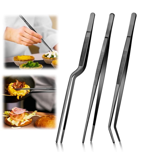 Qianfeng Fine Cooking Tweezers Stainless Steel Black Long Handled Tweezers 3 Pcs, 12 Inch