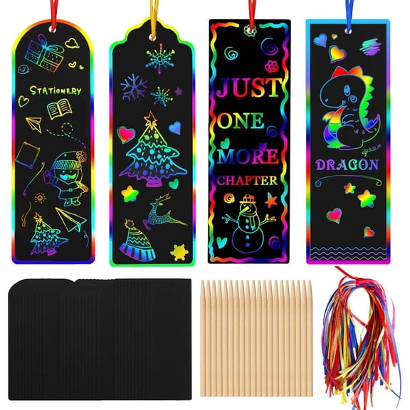 Qianfeng Magic Scratch Rainbow Christmas Party Favor Bookmarks Making Scratch Art Kit 96 Piece