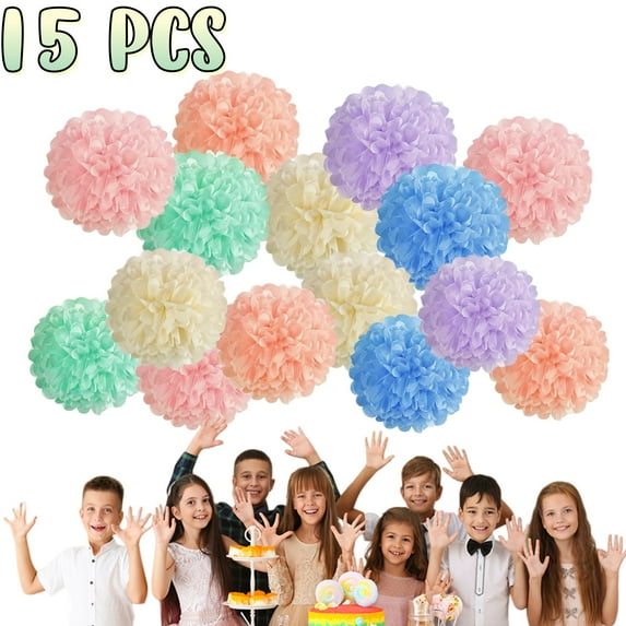 Qianfeng Paper Pastel Hanging Pom Poms Colorful Party Decorations for Birthday Wedding, 15 Pcs