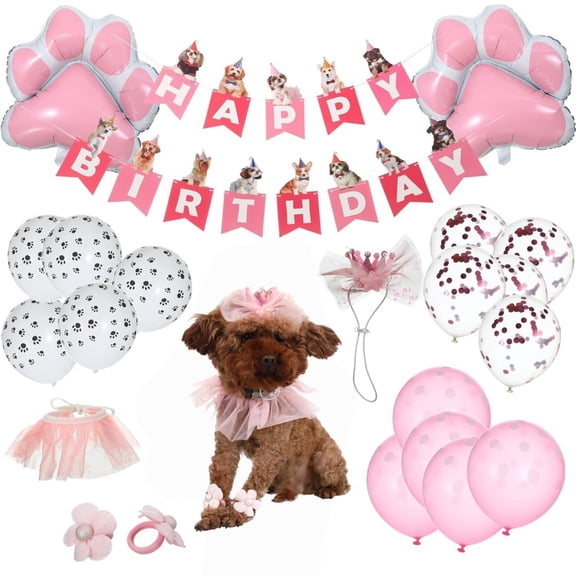 Qianfeng Pet Birthday Party Banner & Balloons Set, Puppy Kitten Themed Party Pet Apparel